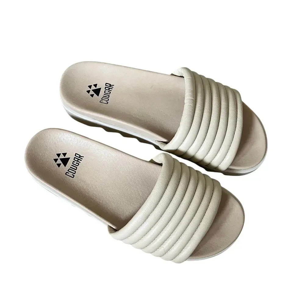 COUGAR 'Naomi' Women's 7.5 Cream Ribbed Leather Slide Sandal Comfort Footbed